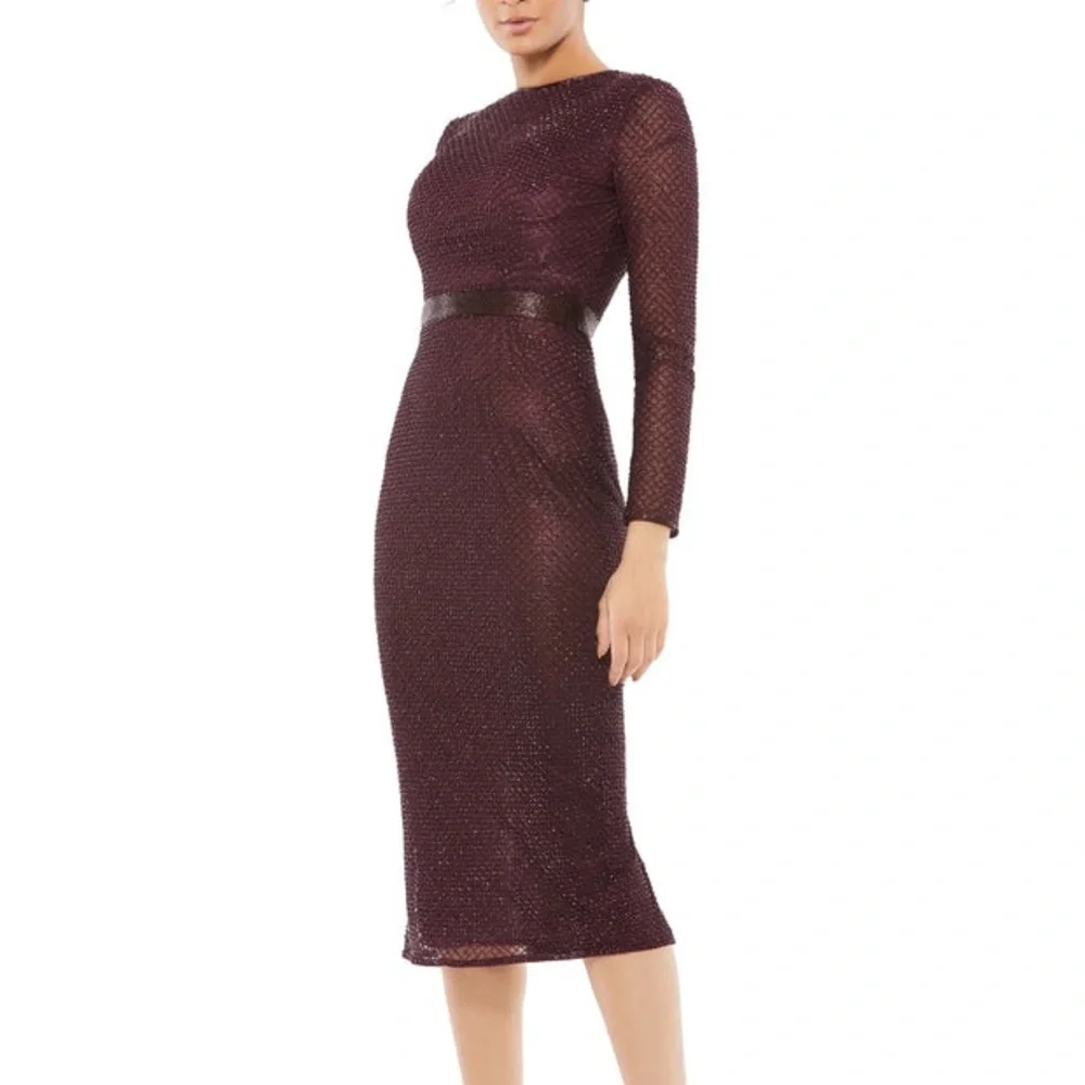 Mac Duggal Purple Plum Lattice Beaded Long Sleeve Modest Formal Midi Dress - Picture 14 of 16
